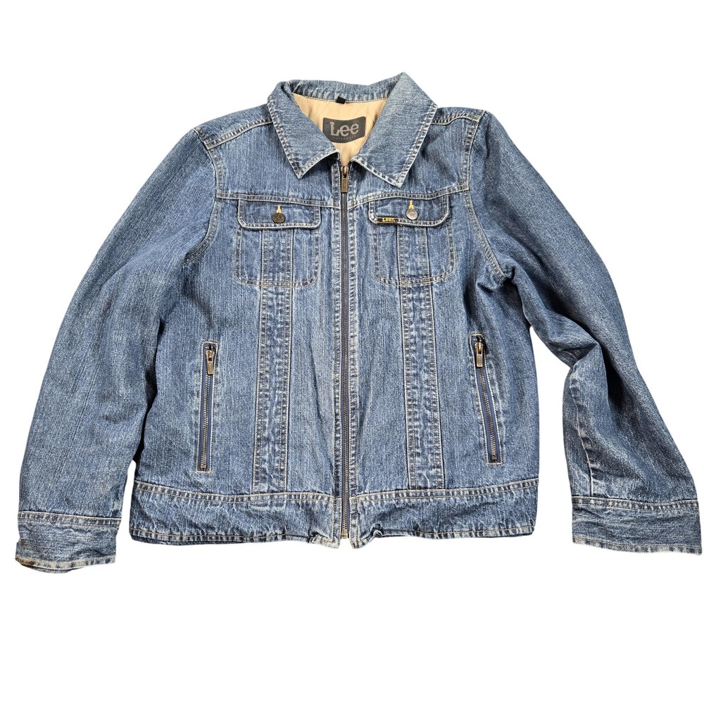 Lee Jacket Womens Large Blue Denim Quilted Lined Full Zip‎ Pockets Jean